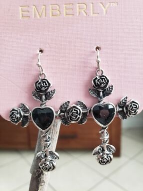 Emberly Black and Silver Rose Cross Earrings